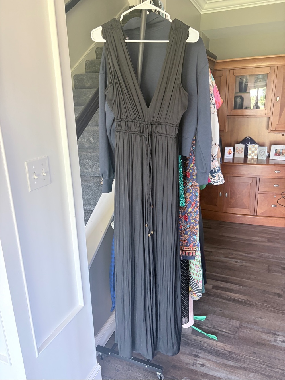 Sleeveless V-Neck Black Maxi Dress with Drawstring Waist
